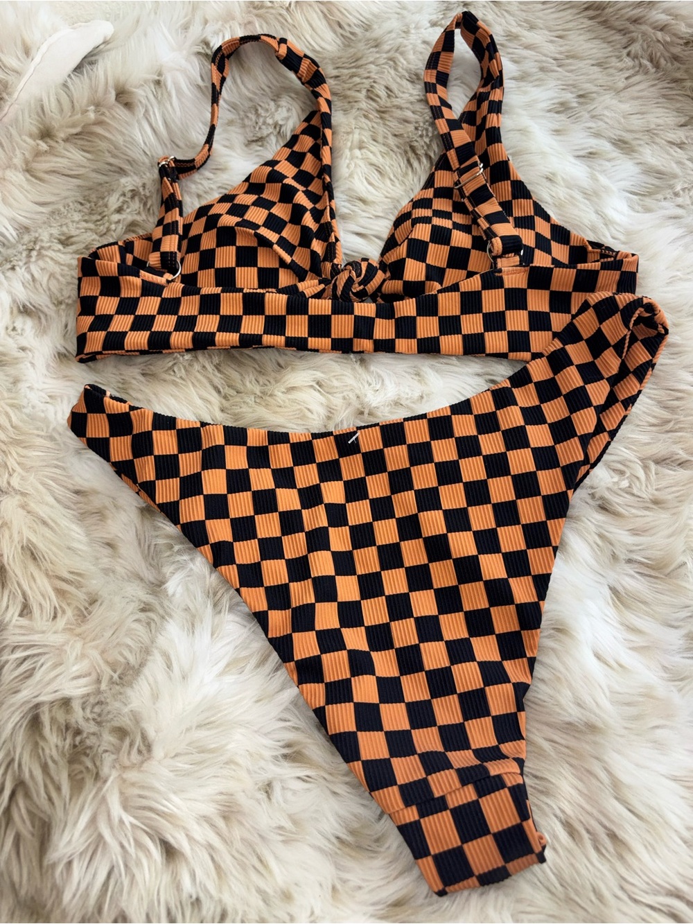 Checkerboard High-Cut Bikini Set in Black and Orange xxl top xxxl bottom NWOT - Picture 5 of 5